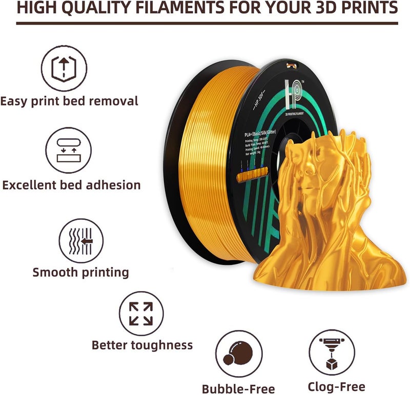 HP3DF PLA Filament, Silk PLA, 3D Printer Filament, PLA Filament 1.75mm Dimensional Accuracy +/- 0.02mm, 1KG Spool (2.2 lbs), Fit Most FDM Printer (Silk Gold) - Image 2